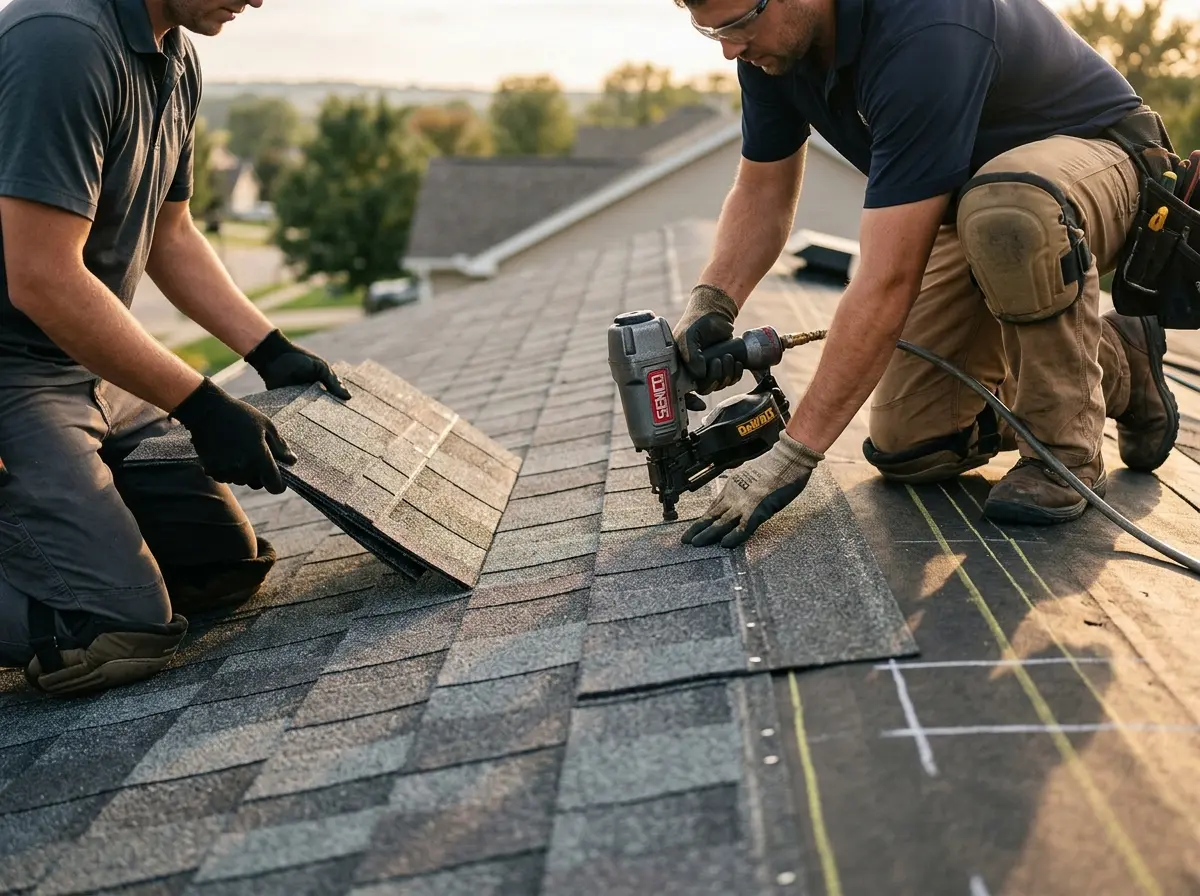 Professional roofer working on a residential roof in Gilmer